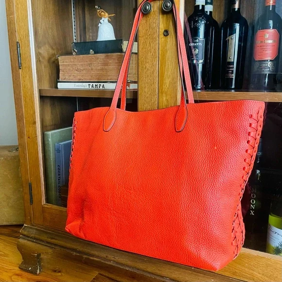 Henri BENDEL Orange Coral Leather Noho Novelty Gusset Large Braided Work Bag - Picture 5 of 16